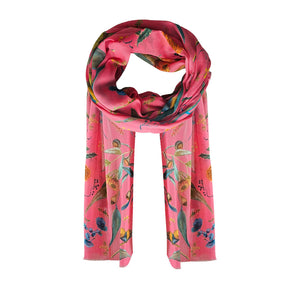 A pink cotton scarf with a Aussie wildflower design repeated throughout the scarf length. A pink cotton scarf with a Aussie wildflower design repeated throughout the scarf length.