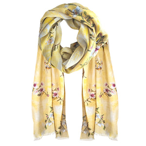 A yellow cotton Scarf with manuka flowers and bees printed A yellow cotton Scarf with manuka flowers and bees printed