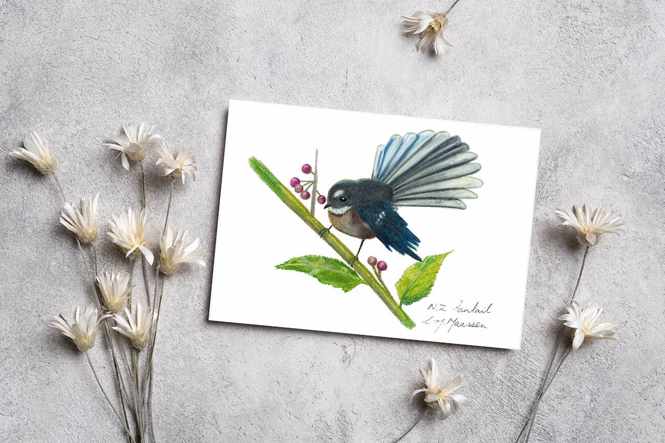 Featuring a detailed print of my original New Zealand Fantail painting, this greeting card captures the charm of one of Aotearoa’s most beloved native birds Featuring a detailed print of my original New Zealand Fantail painting, this greeting card captures the charm of one of Aotearoa’s most beloved native birds