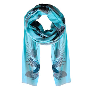 A mint blue cotton Scarf with a fantail bird design. A mint blue cotton Scarf with a fantail bird design.