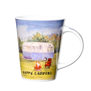 Mug with a scenic design of a caravan and campfire, featuring the text 'Happy Campers'. Mug with a scenic design of a caravan and campfire, featuring the text 'Happy Campers'.