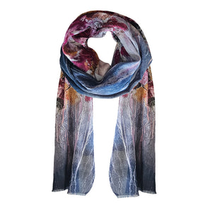 With a darker colour palette this scarf beautifully showcases a collection of different flowers. With a darker colour palette this scarf beautifully showcases a collection of different flowers.
