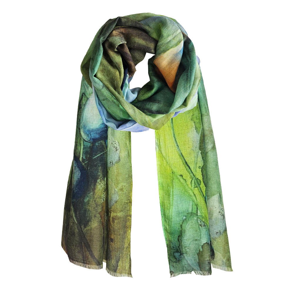 A cotton scarf with a green floral design artwork taken from an original Christins Maassen Art Painting.