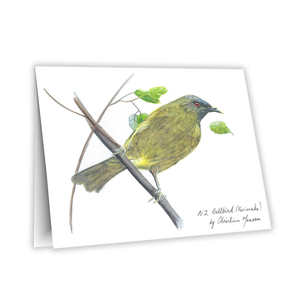 This card features a detailed print of my original New Zealand Bellbird painting. 