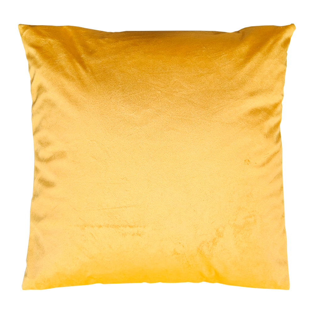 A bright gold velvet cushion with a plain design.