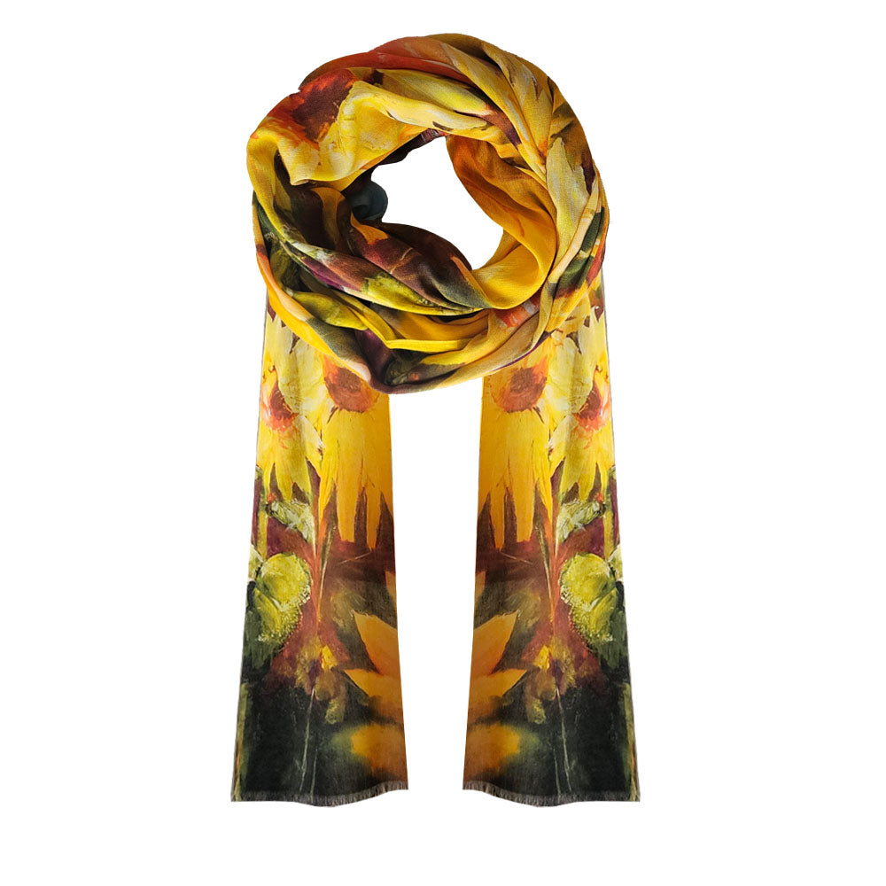 Sunflowers printed over a cotton Scarf beautiful bright yellows and browns.