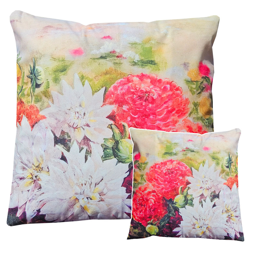 A floral cushion featuring Dahlias, velvet material and print on both sides. Includes inner.