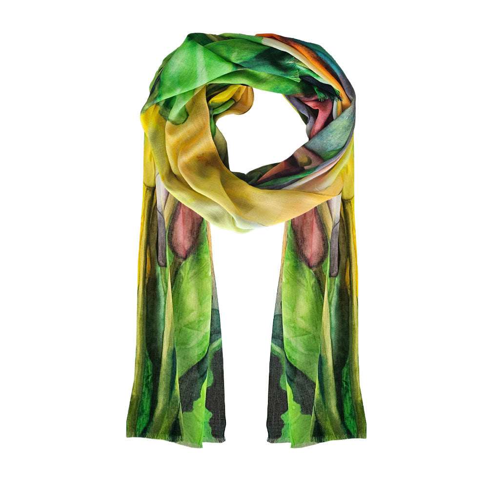 A Yellow and green soft cotton scarf with cala lilly flowers printed.