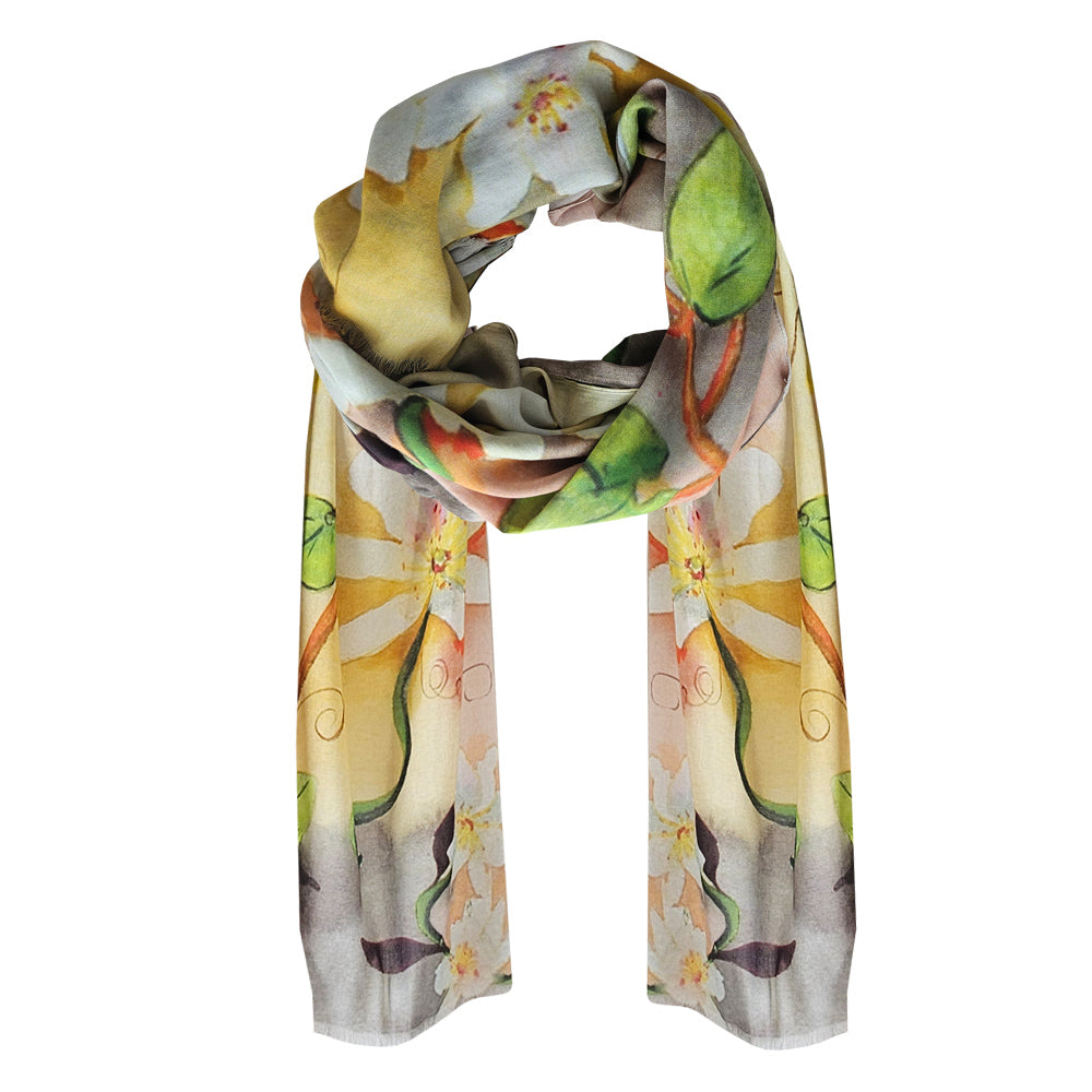 A cotton scarf with soft yellow and grey tones featuring a clematis design.