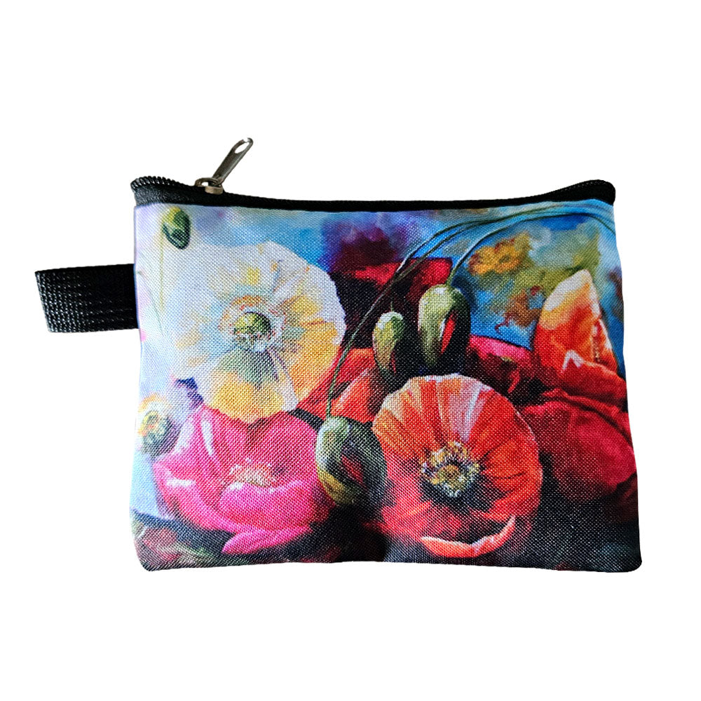 A small coin purse with a poppy floral design.