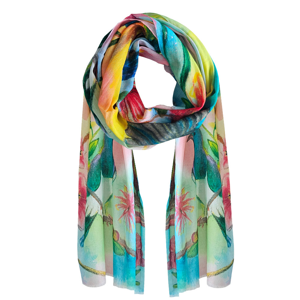 A colourful Cotton scarf with New Zealand Bird and Flowers printed on.