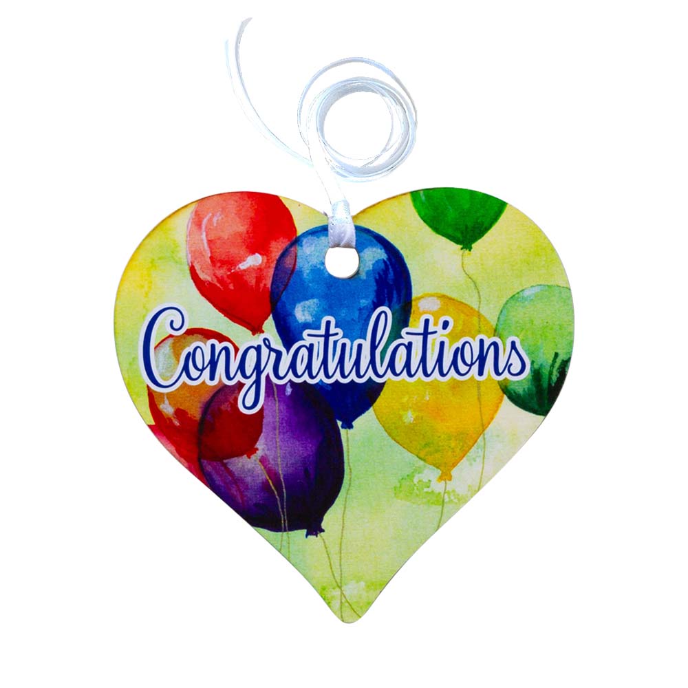 A wooden Keepsake Heart Tag with a balloon design and Congratulations written across the middle.