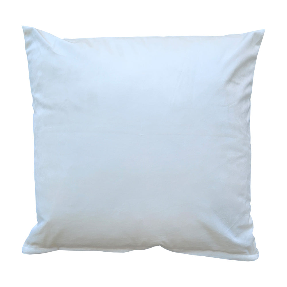 A plain cream velvet cushion.