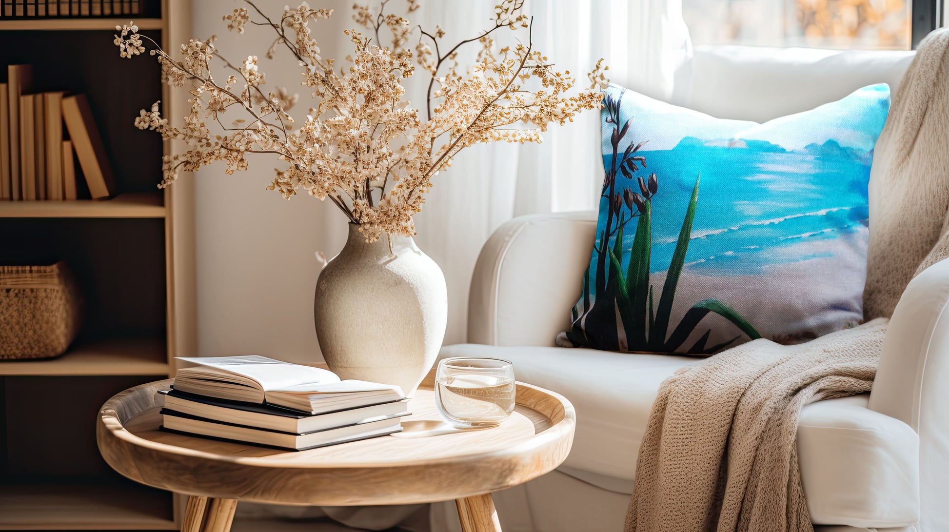 A New Zealand Flax plant by the beach linen cushion.