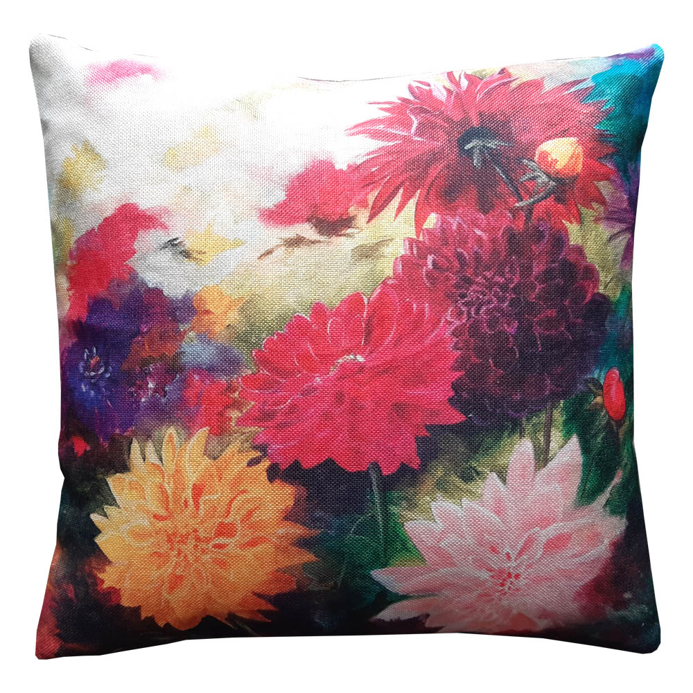 Printed on a stylish linen look fabric, this cushion captures the vibrant beauty of dahlias, adding a fresh and artistic touch to any space.