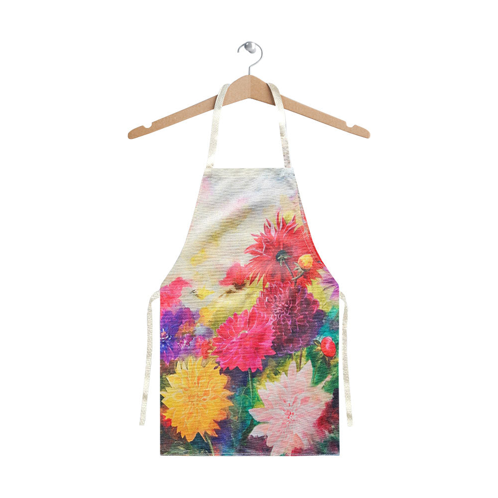 A cooking apron design with floral Dahlias displayed. Artwork taken from Christina Maassen Art original Artworks.