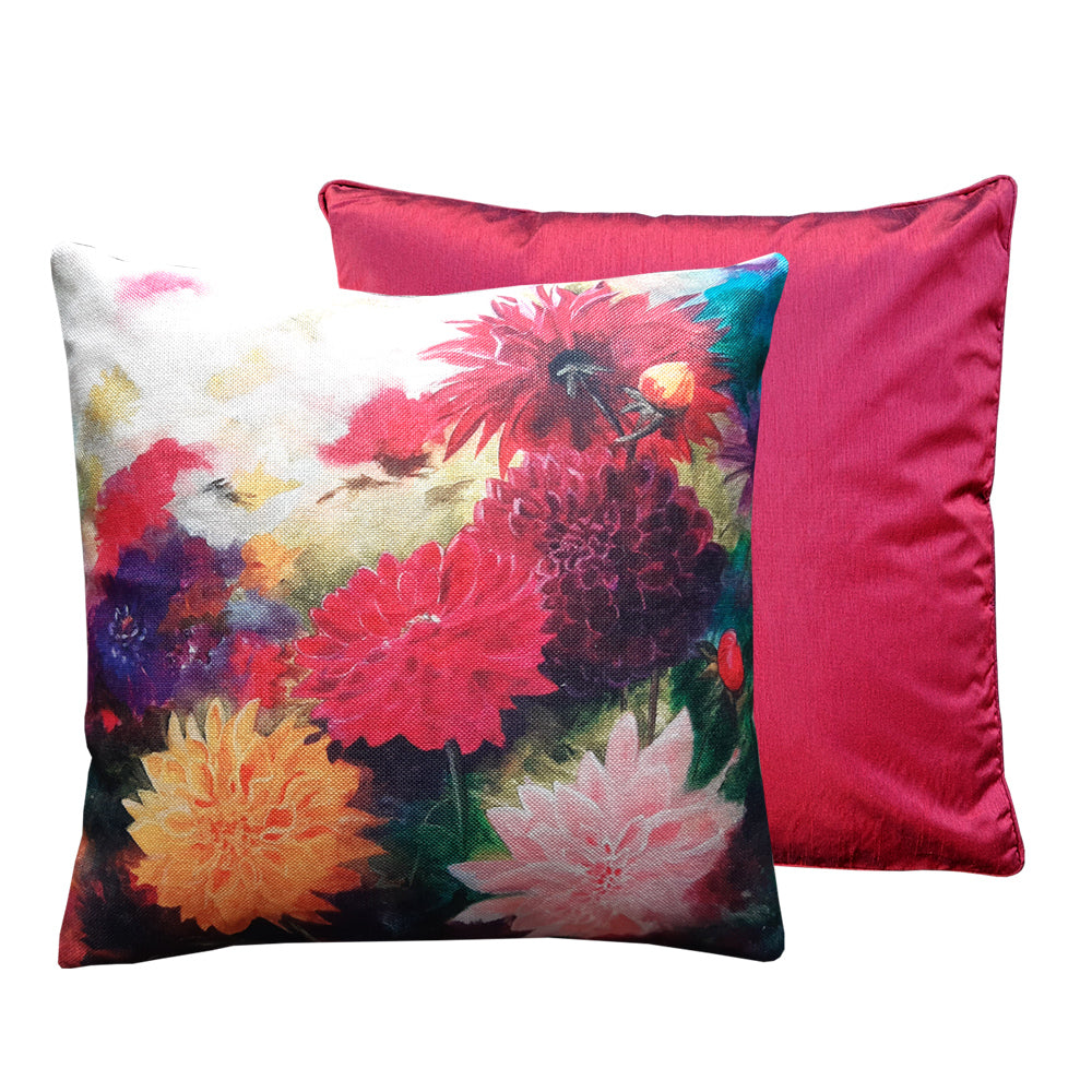 A Dahlia art cushion with red cushion duo