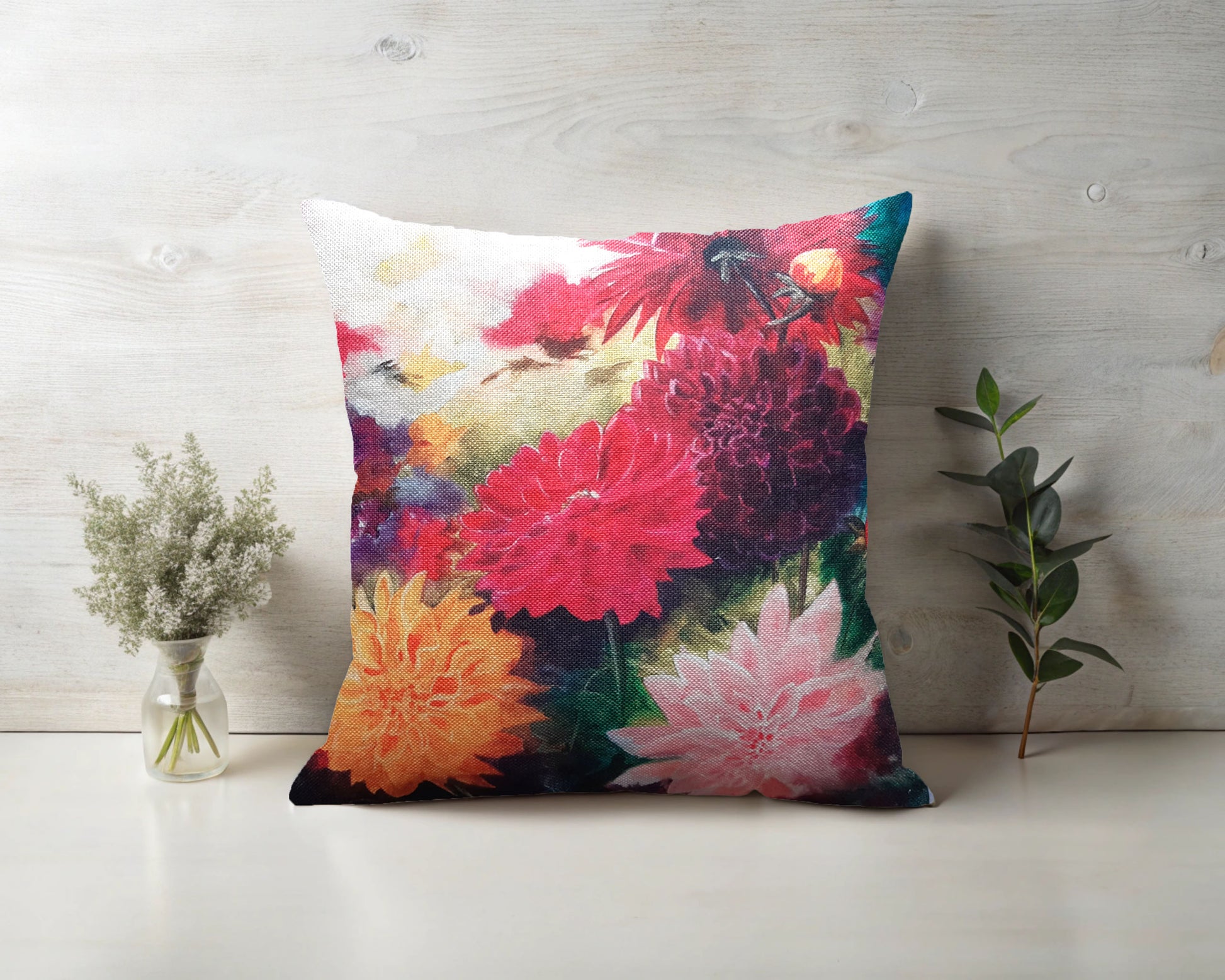Printed on a stylish linen look fabric, this cushion captures the vibrant beauty of dahlias, adding a fresh and artistic touch to any space.