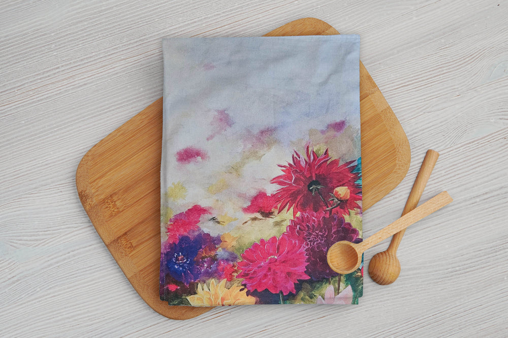 Cotton Floral tea towel with colourful artwork printed from original Christina Massen Art.