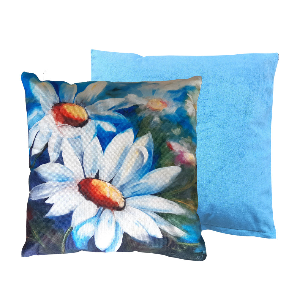 Daisy print art cushion and light blue cushion duo