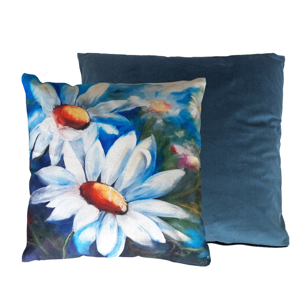 Daisy art pint cushion and teal plain cushion duo.