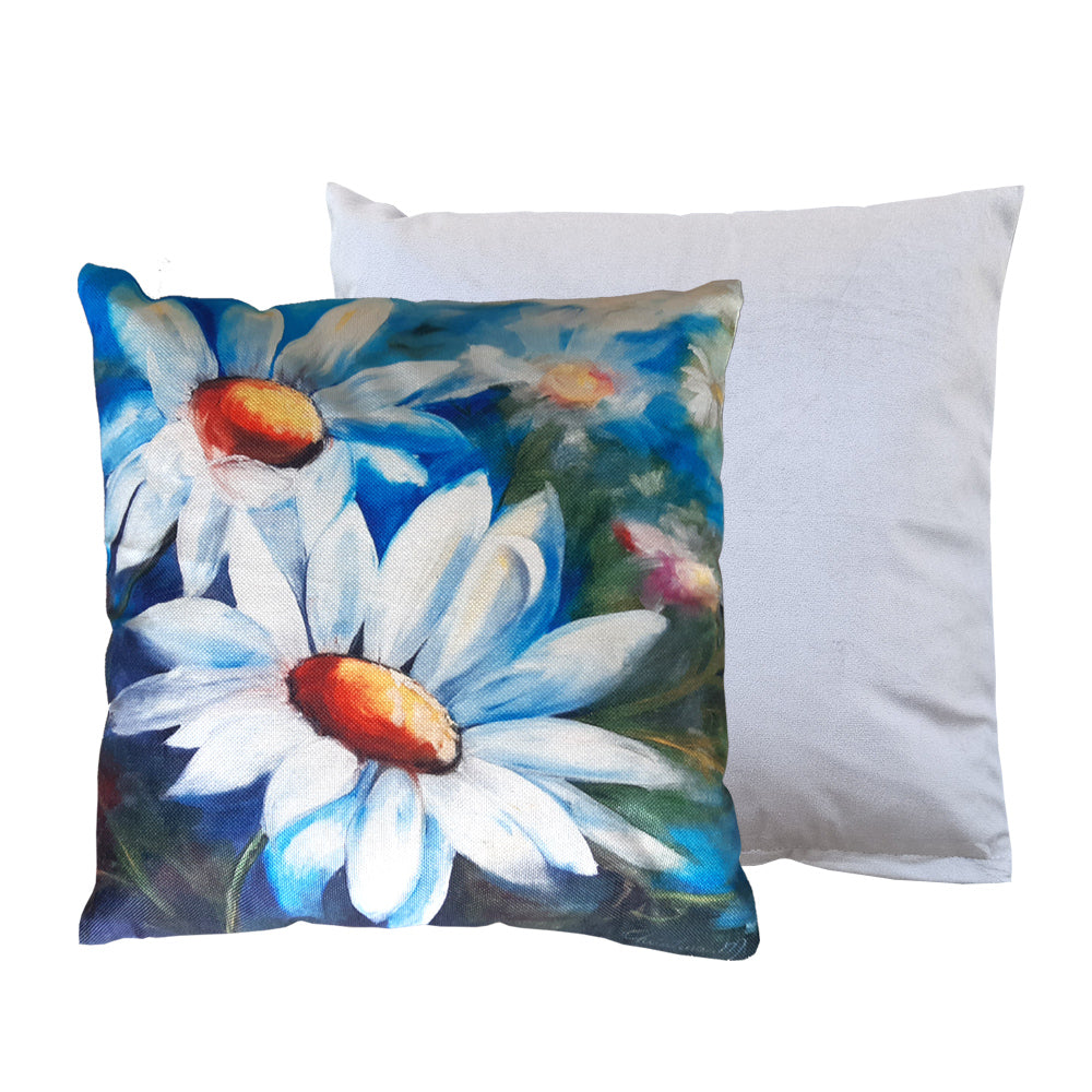 Daisy art cushion and Silver plain cushion duo