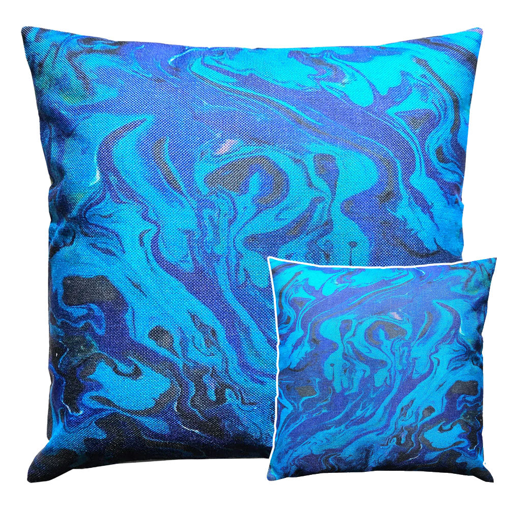 Paua print linen cushion with an abstract paua design. 