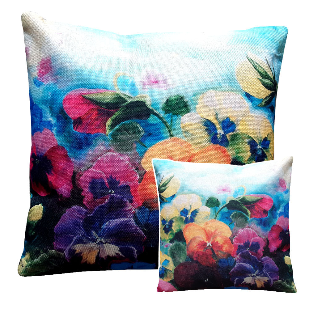 Printed on a stylish linen look fabric, the delicate yet vibrant pansy design brings warmth and elegance to any space.