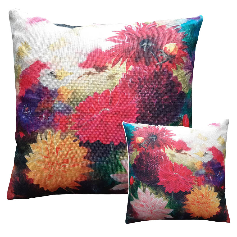 Double Sided Print on a stylish linen look fabric, this cushion captures the vibrant beauty of dahlias, adding a fresh and artistic touch to any space.