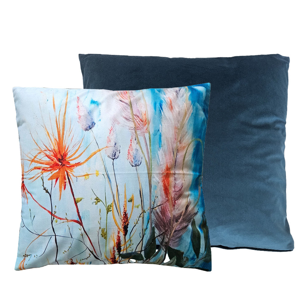 Dune grasses printed cushion and teal plain cushion duo