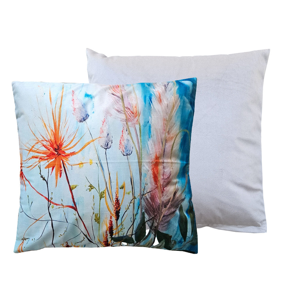 Dune grasses print art cushion and silver cushion duo