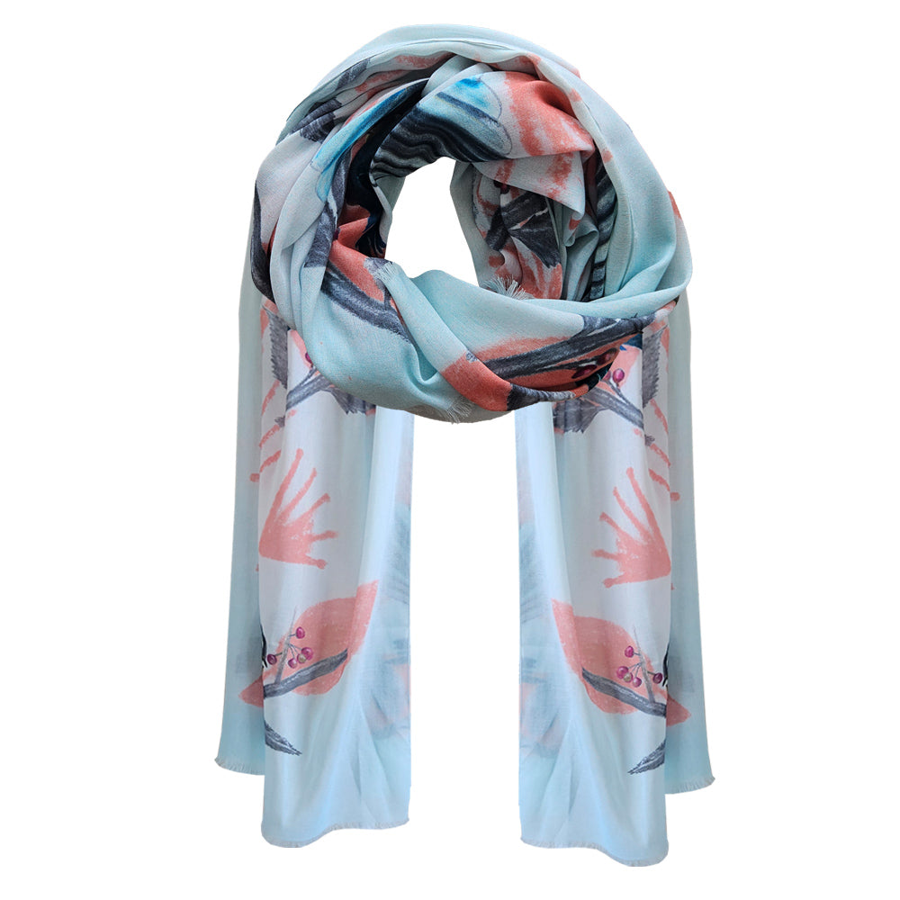 A white cotton scarf with pink designs and a fantail bird designed throughout the scarf length.