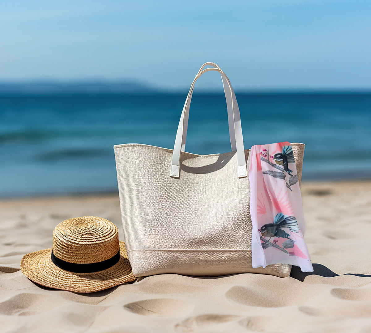 A pink cotton Scarf with a fantail bird design. Draped over a bag by the beach.