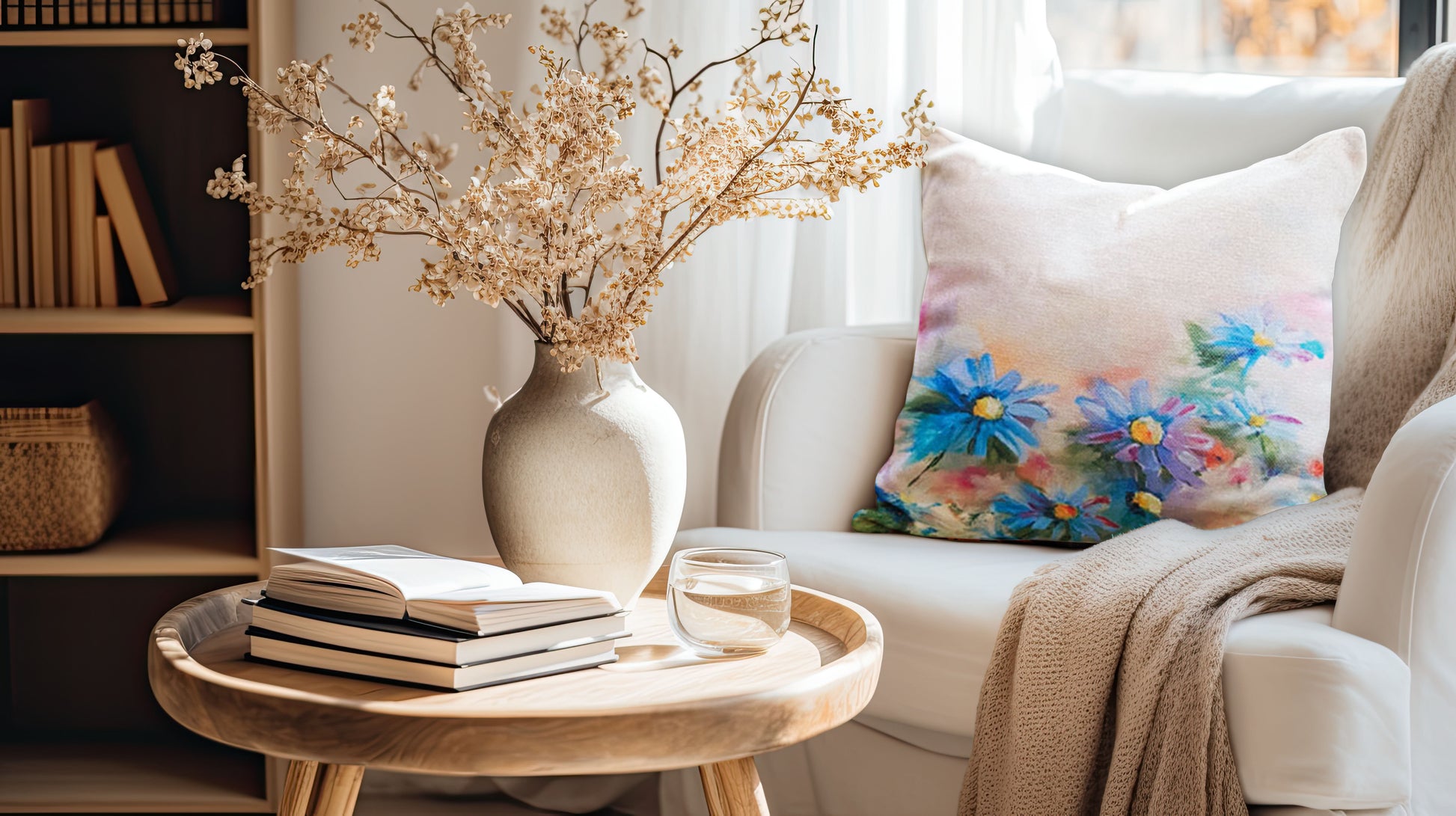 Printed on a stylish linen look fabric, the delicate calm daisy design brings warmth and elegance to any space.