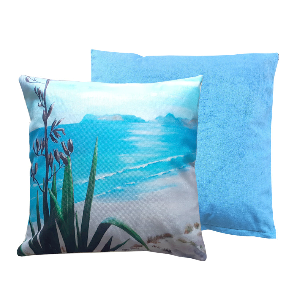 Flax art cushion and light blue plain cushion duo.