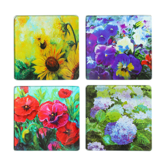 Set of four colorful floral coasters with sunflowers, pansies, and hydrangeas.