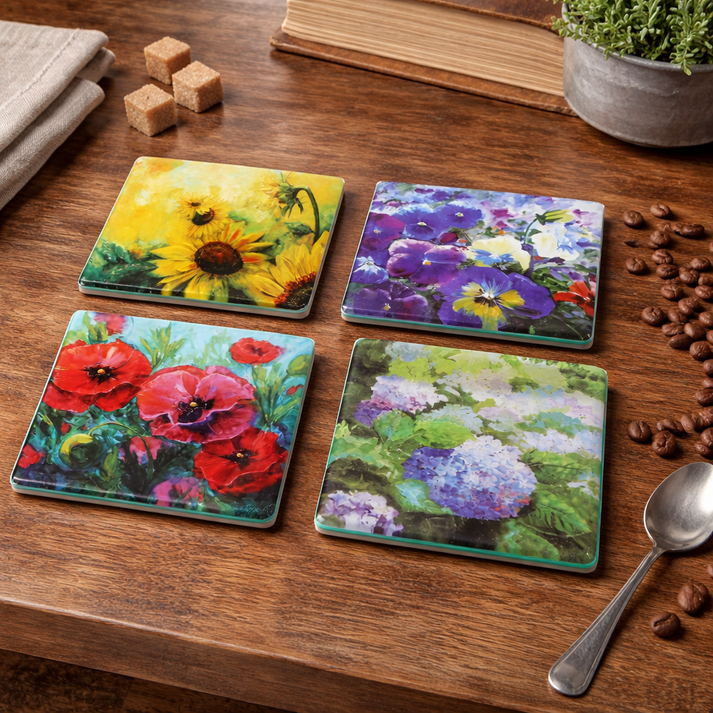 Set of four floral coasters on a wooden surface with a spoon and coffee beans.