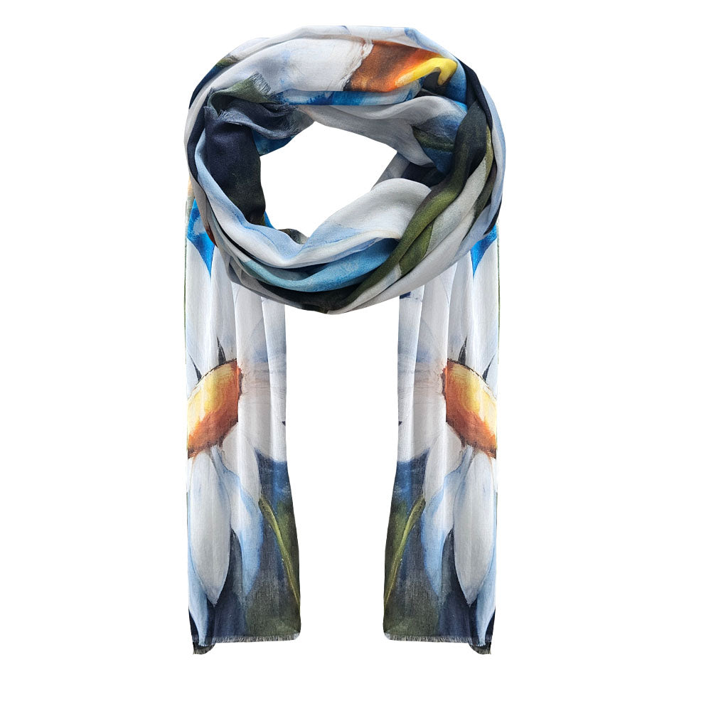 A large daisy print scarf with beautiful white, blue and green colour palette