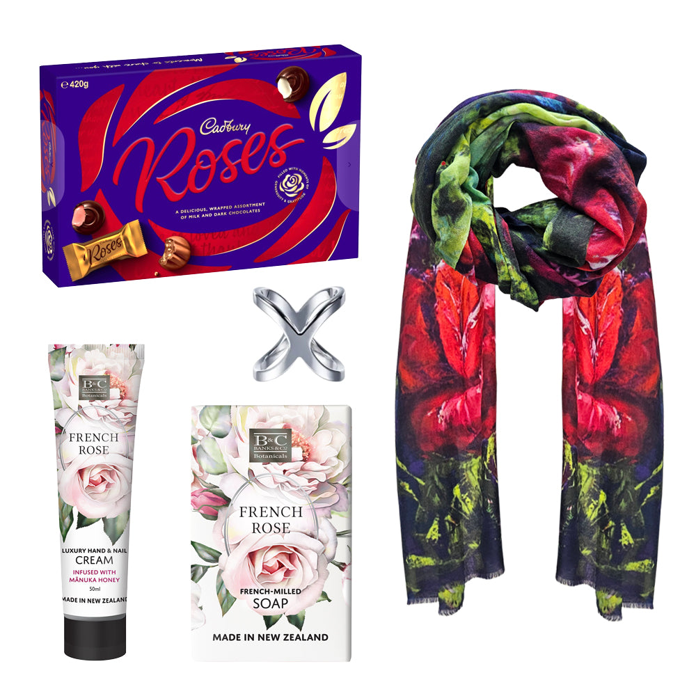 A Rose themed gift box with a Rose cotton printed scarf, hand cream and soap.