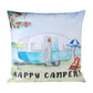 Decorative pillow with a camper design and 'Happy Campers' text on a white background