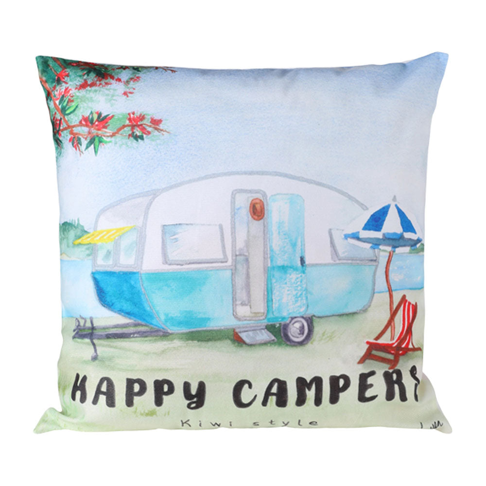 Decorative pillow with a camper design and 'Happy Campers' text on a white background