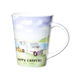 Mug with 'Happy Campers' design featuring a camper van and nature scene on a white background.