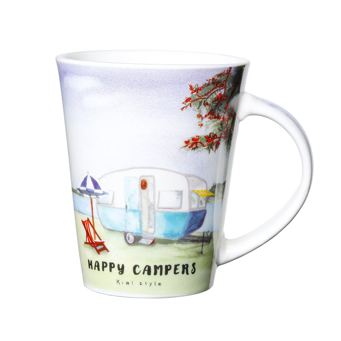 Mug with a design of a caravan and 'Happy Campers' text on a white background