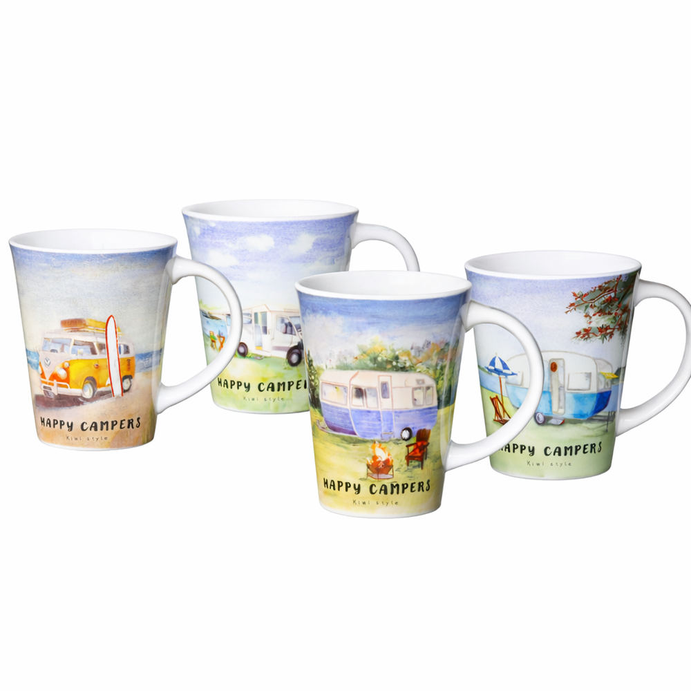 Four mugs with 'Happy Campers' design featuring campers and nature scenes on a white background.