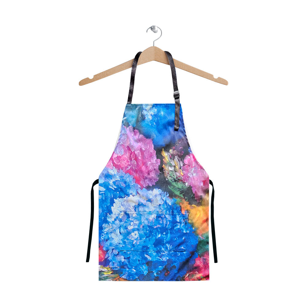 A beautiful apron with colourful hydrangeas printed. Designed from original Artworks by Christina Maassen Art.