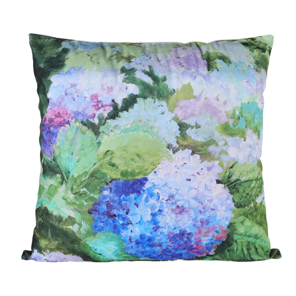 Decorative pillow with hydrangea flower pattern on a white background