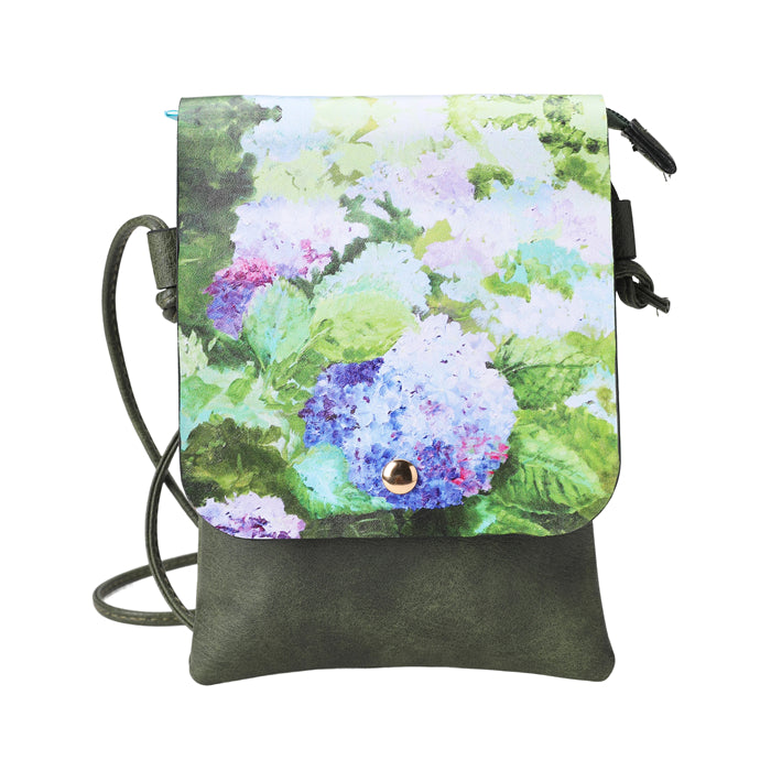 Crossbody bag with  Hydrangea floral design on top and green base.
