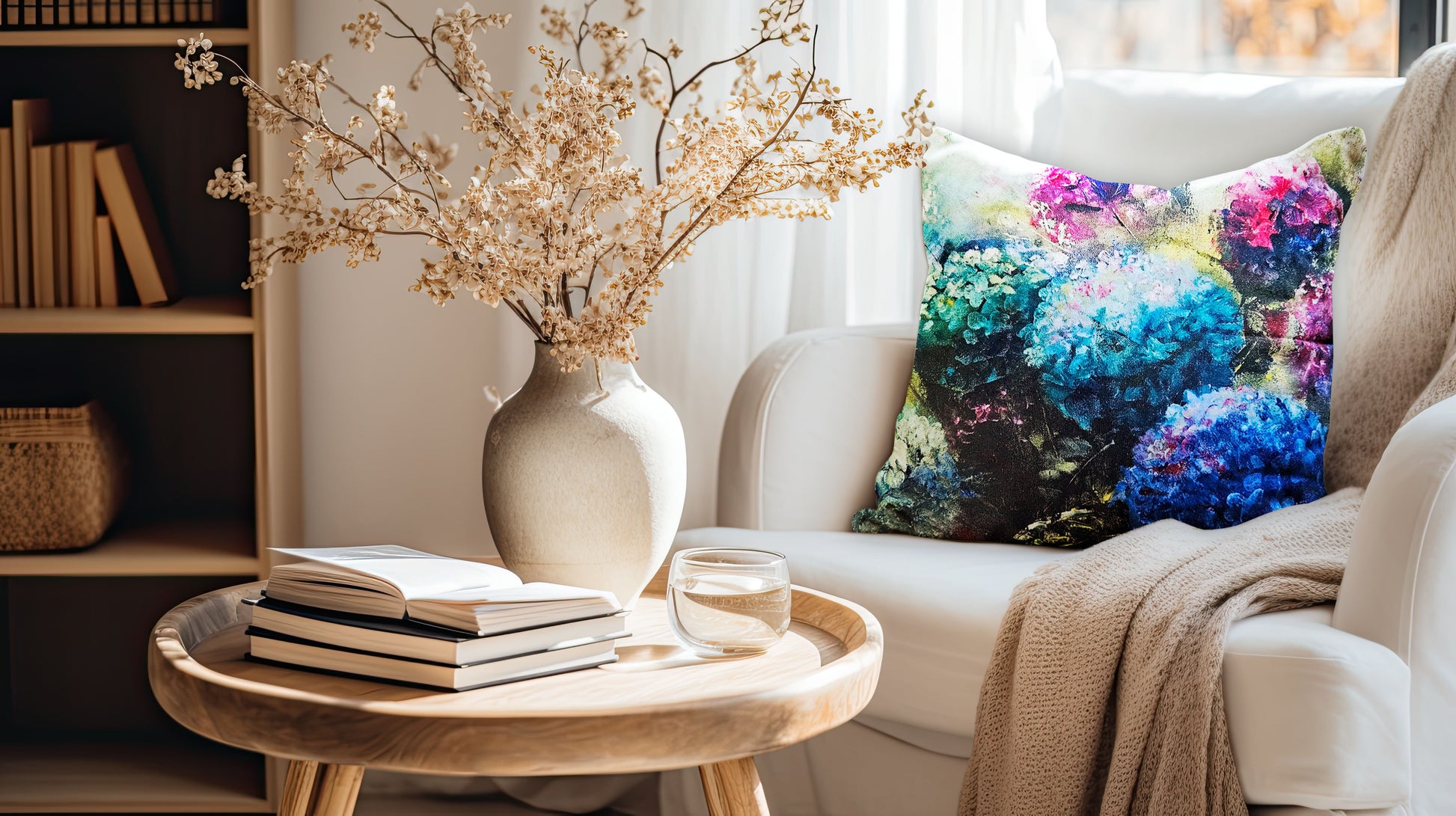 Printed on a stylish velvet look fabric, this cushion captures the vibrant beauty of hydrangeas, adding a fresh and artistic touch to any space.