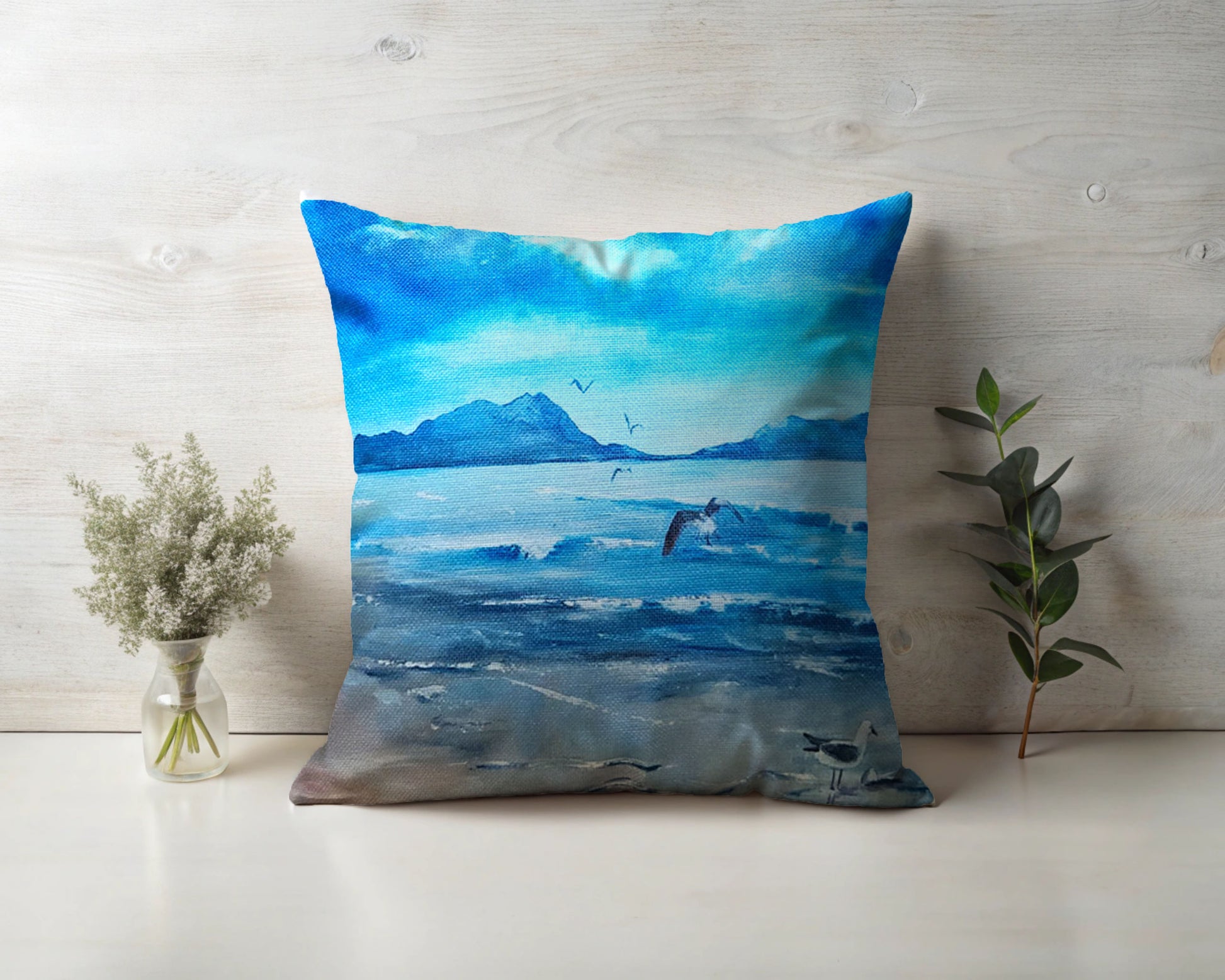 Printed on a stylish linen look fabric, this cushion captures the essence of coastal beauty, making it a perfect addition to any space.
