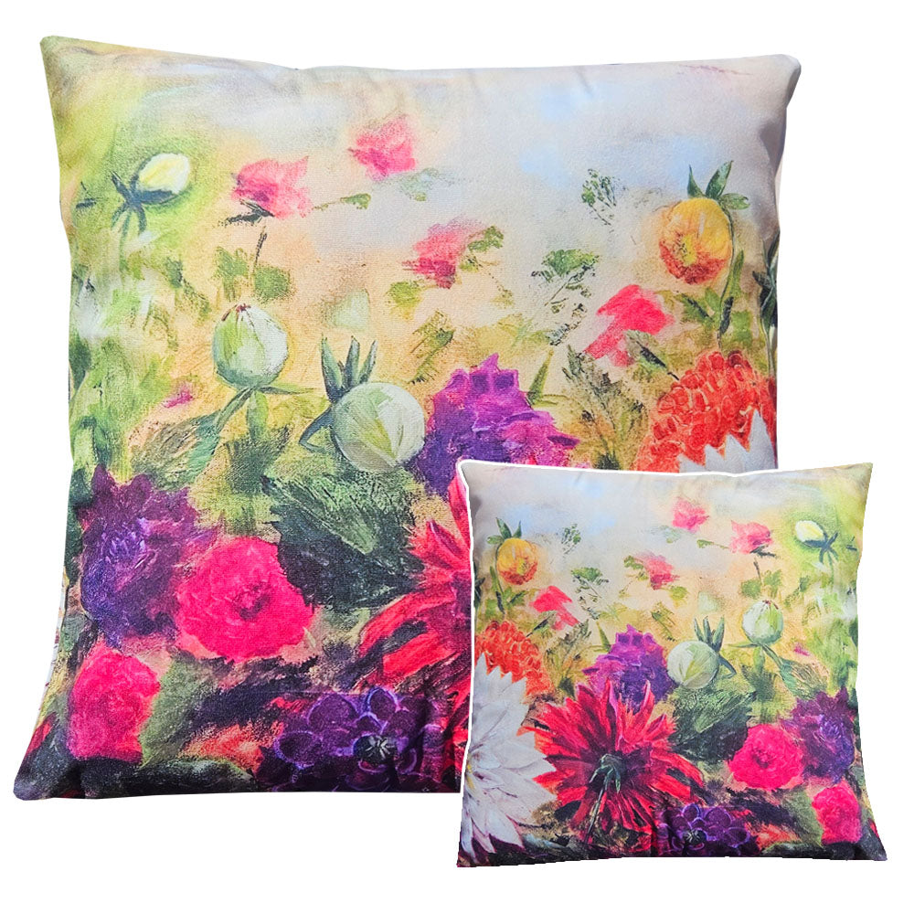 A bright floral print cushion featuring beautiful Dahlias 